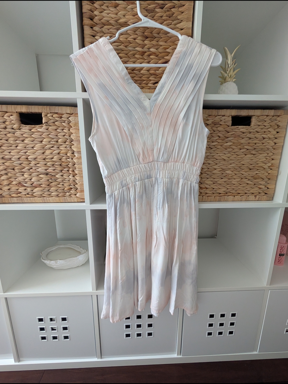 DKNYC Pleated V-Neck Mini Dress in Soft Pastel Watercolor
